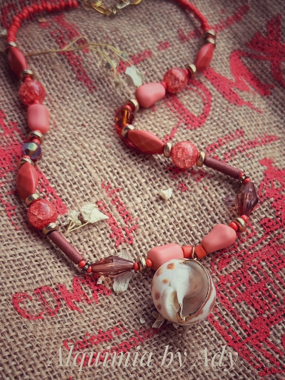 Handmade Coral-Bead Necklace with Shell Pendant